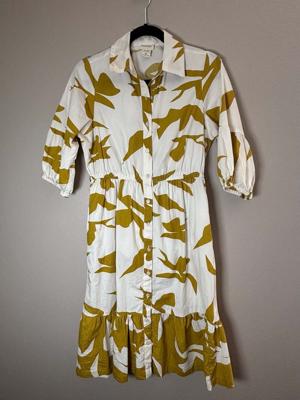 NAOO Mustard and White Abstract Print Button-Down Midi Dress